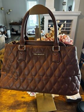 Vera Bradley Cognac Quilted Leather Satchel Crossbody Bag